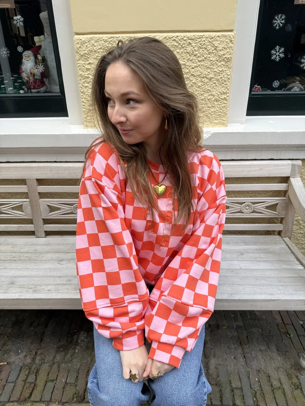 Leo sweater geruit roze/oranje - Project 35