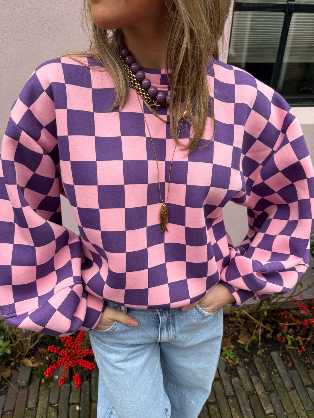 Leo sweater geruit roze/paars - Project 35