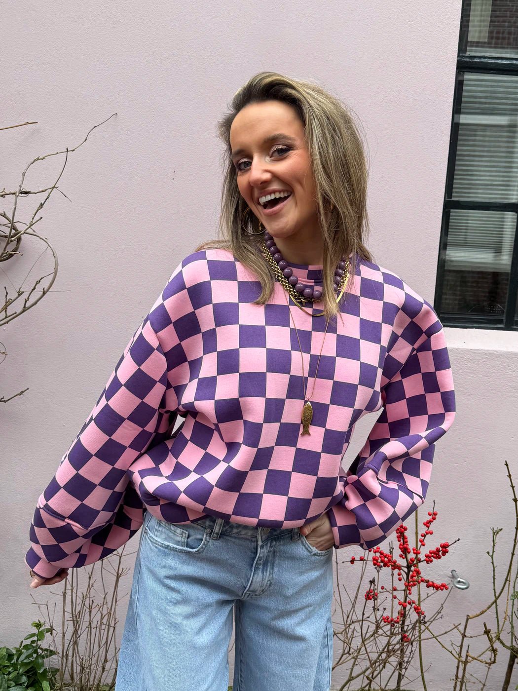 Leo sweater geruit roze/paars - Project 35