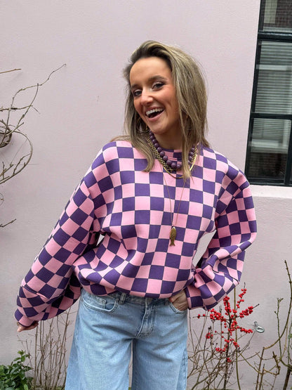 Leo sweater geruit roze/paars - Project 35