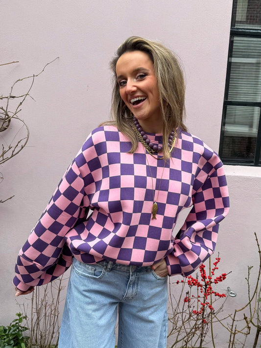 Leo sweater geruit roze/paars - Project 35