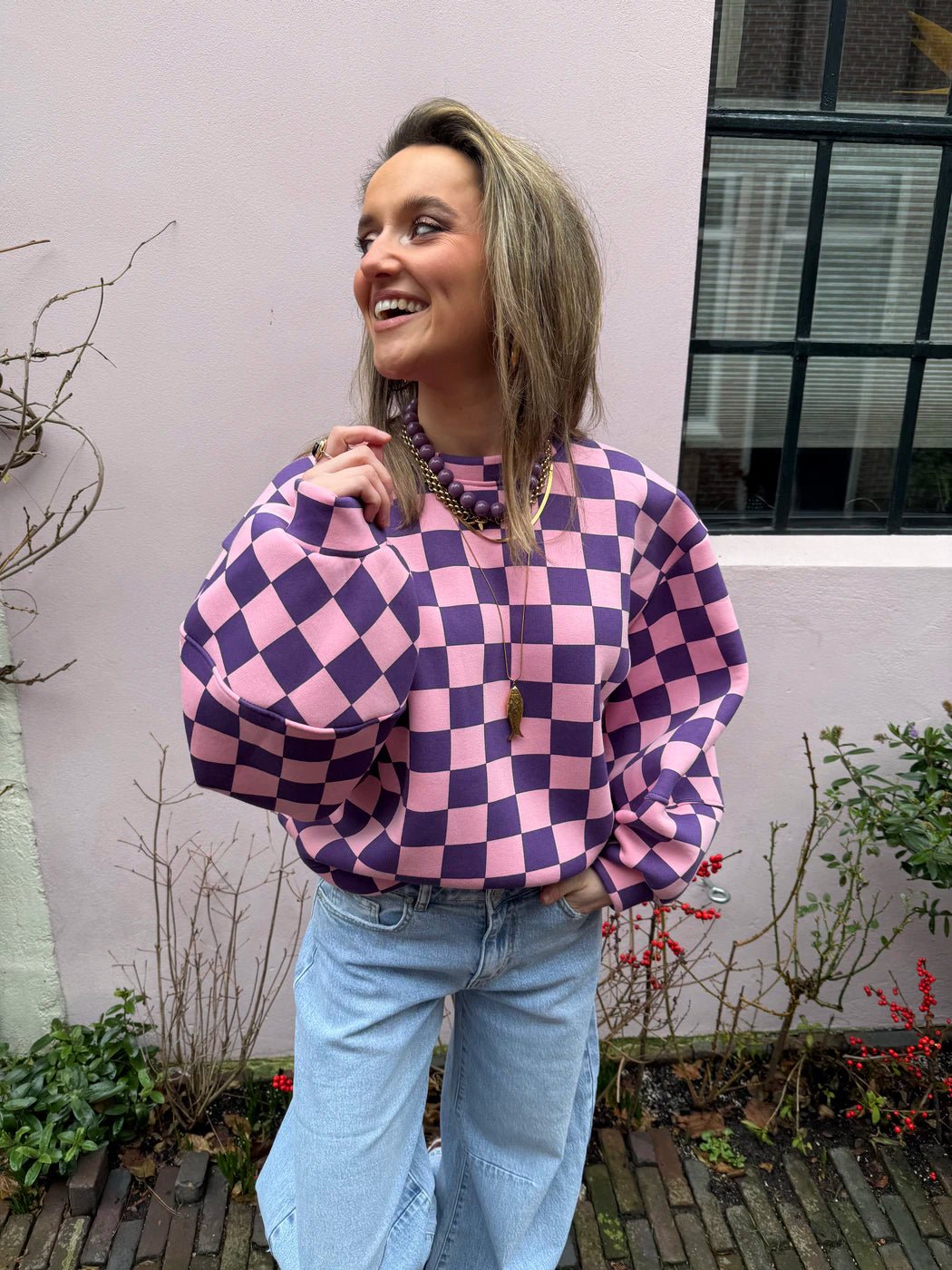 Leo sweater geruit roze/paars - Project 35