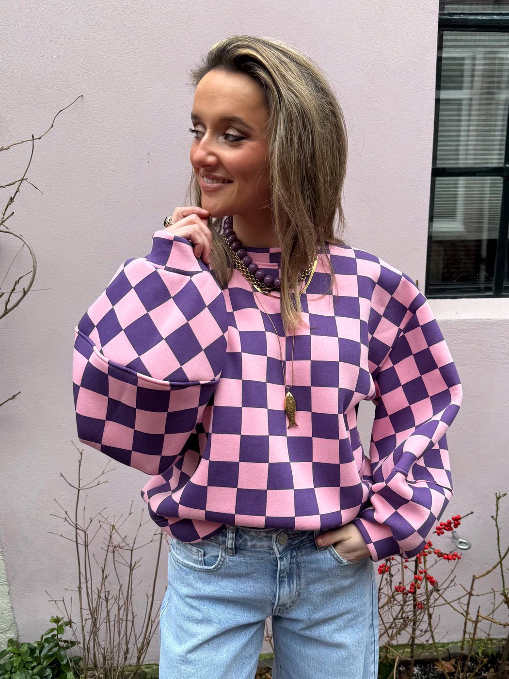 Leo sweater geruit roze/paars - Project 35