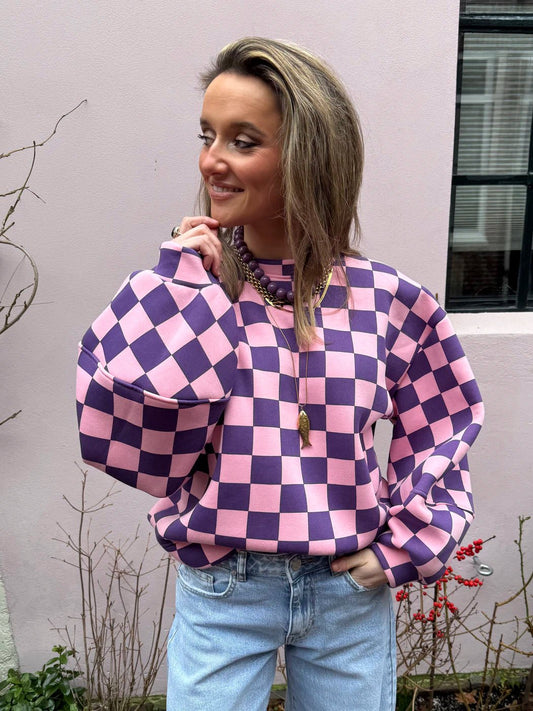 Leo sweater geruit roze/paars - Project 35