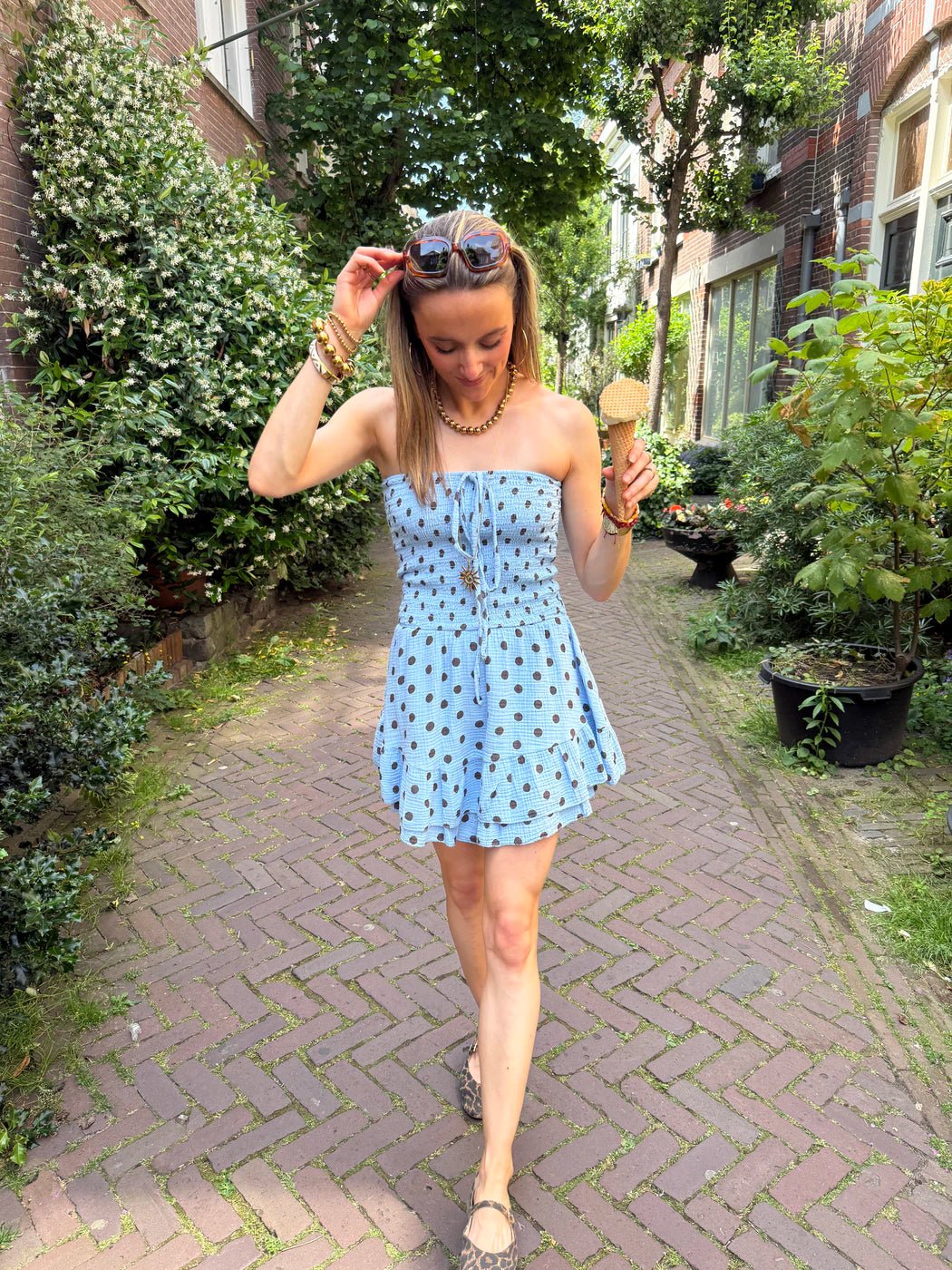Lexi playsuit strapless katoen stipjes blauw/bruin - Project 35