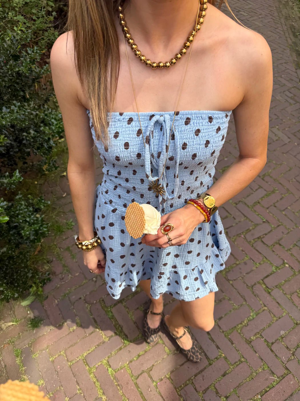 Lexi playsuit strapless katoen stipjes blauw/bruin - Project 35