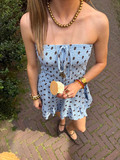 Lexi playsuit strapless katoen stipjes blauw/bruin - Project 35