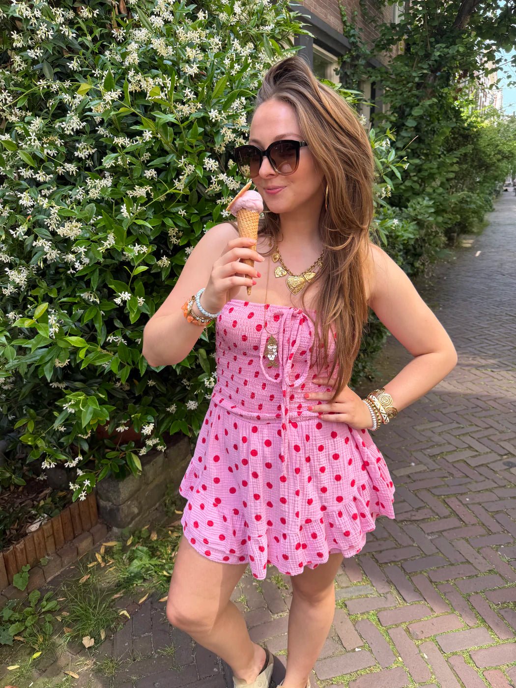 Lexi playsuit strapless katoen stipjes roze/rood - Project 35