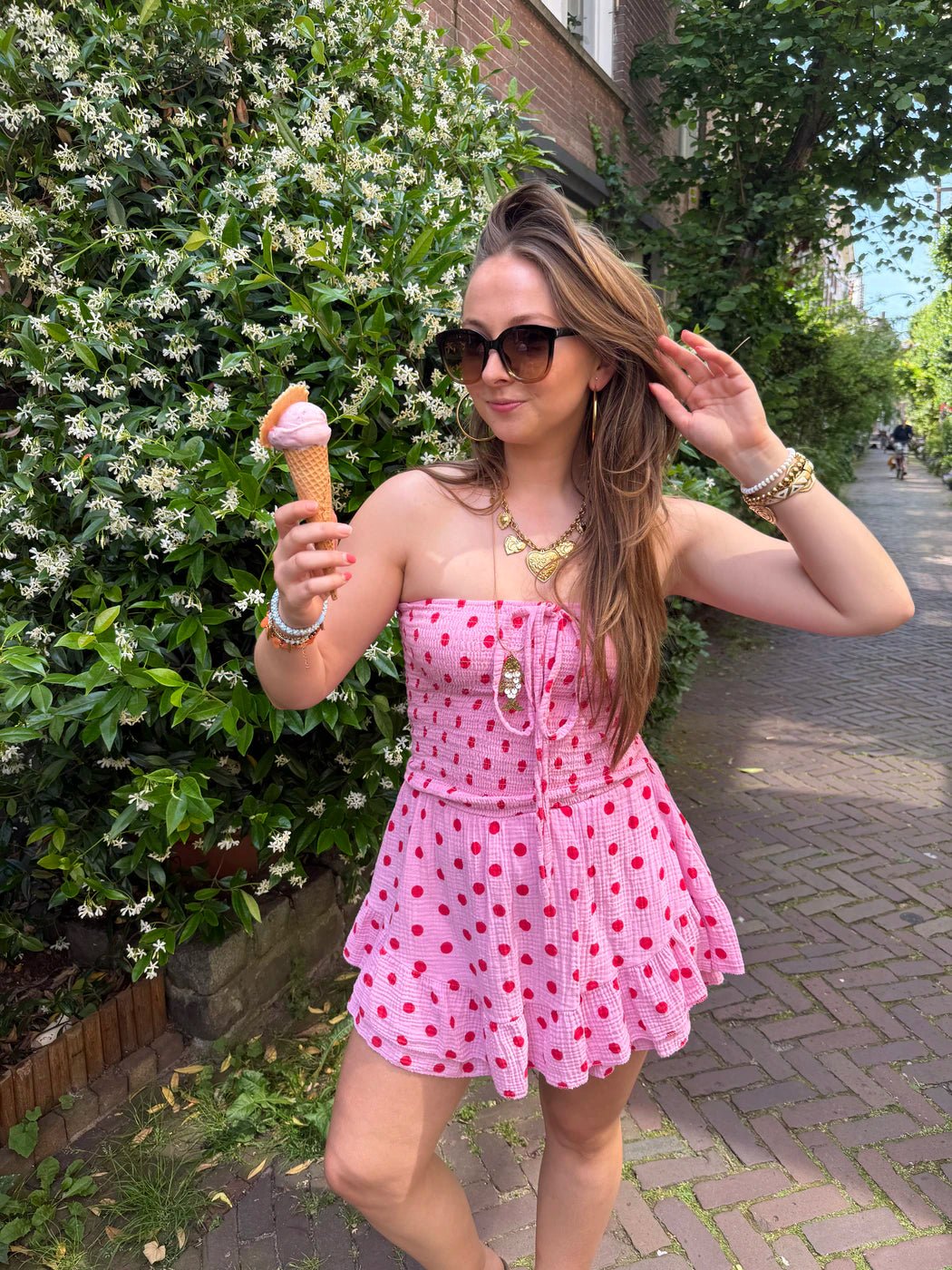 Lexi playsuit strapless katoen stipjes roze/rood - Project 35