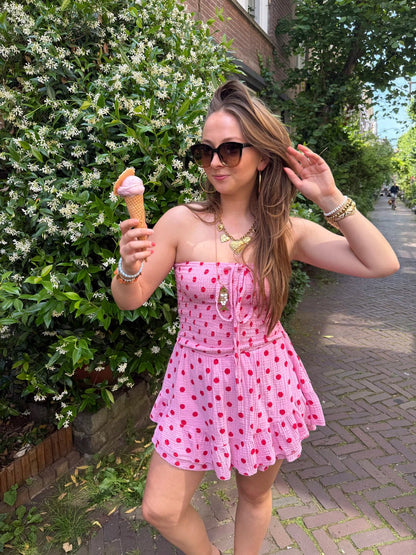 Lexi playsuit strapless katoen stipjes roze/rood - Project 35