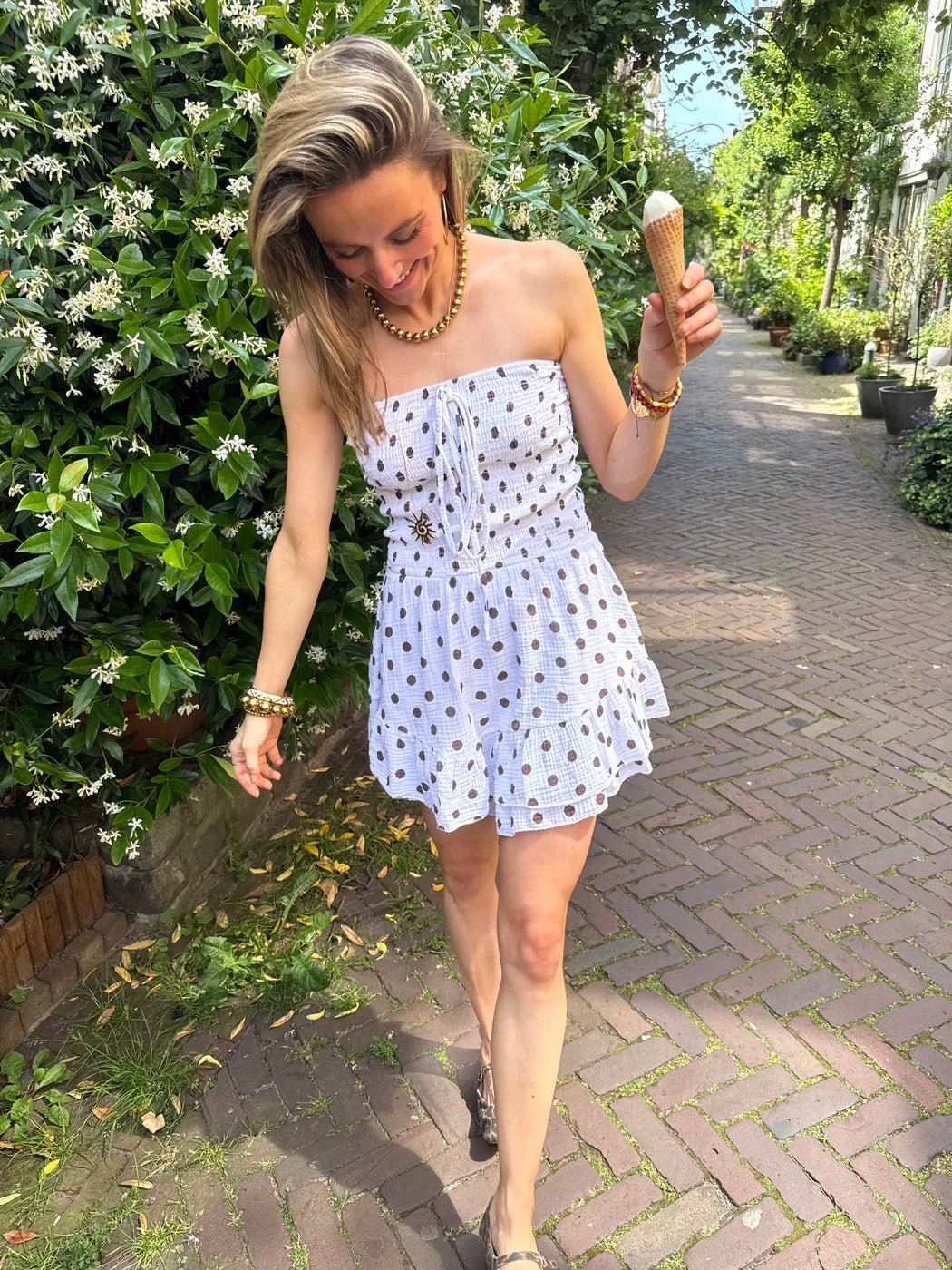 Lexi playsuit strapless katoen stipjes wit/bruin - Project 35