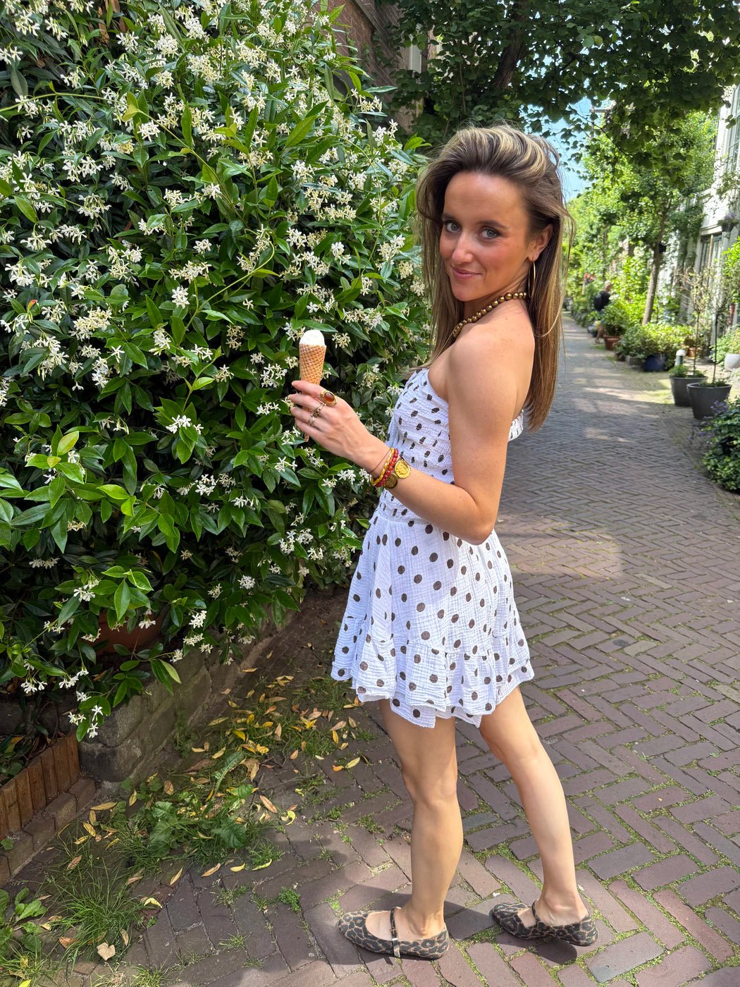 Lexi playsuit strapless katoen stipjes wit/bruin - Project 35