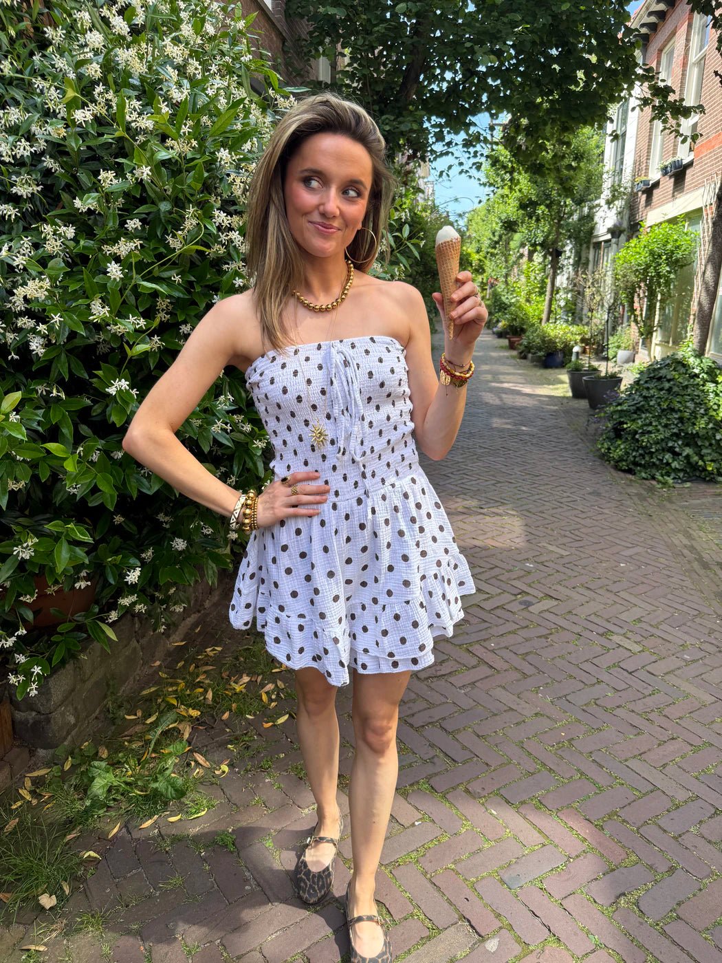 Lexi playsuit strapless katoen stipjes wit/bruin - Project 35