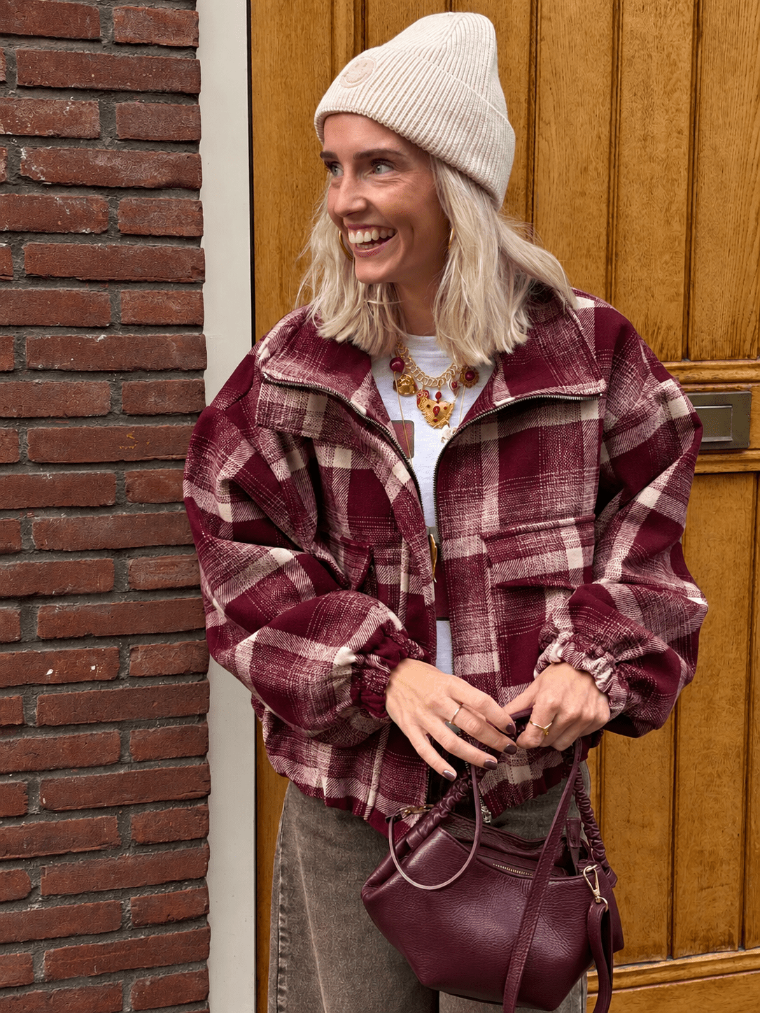 Lucy oversized geruit bomberjack bordeaux - Project 35