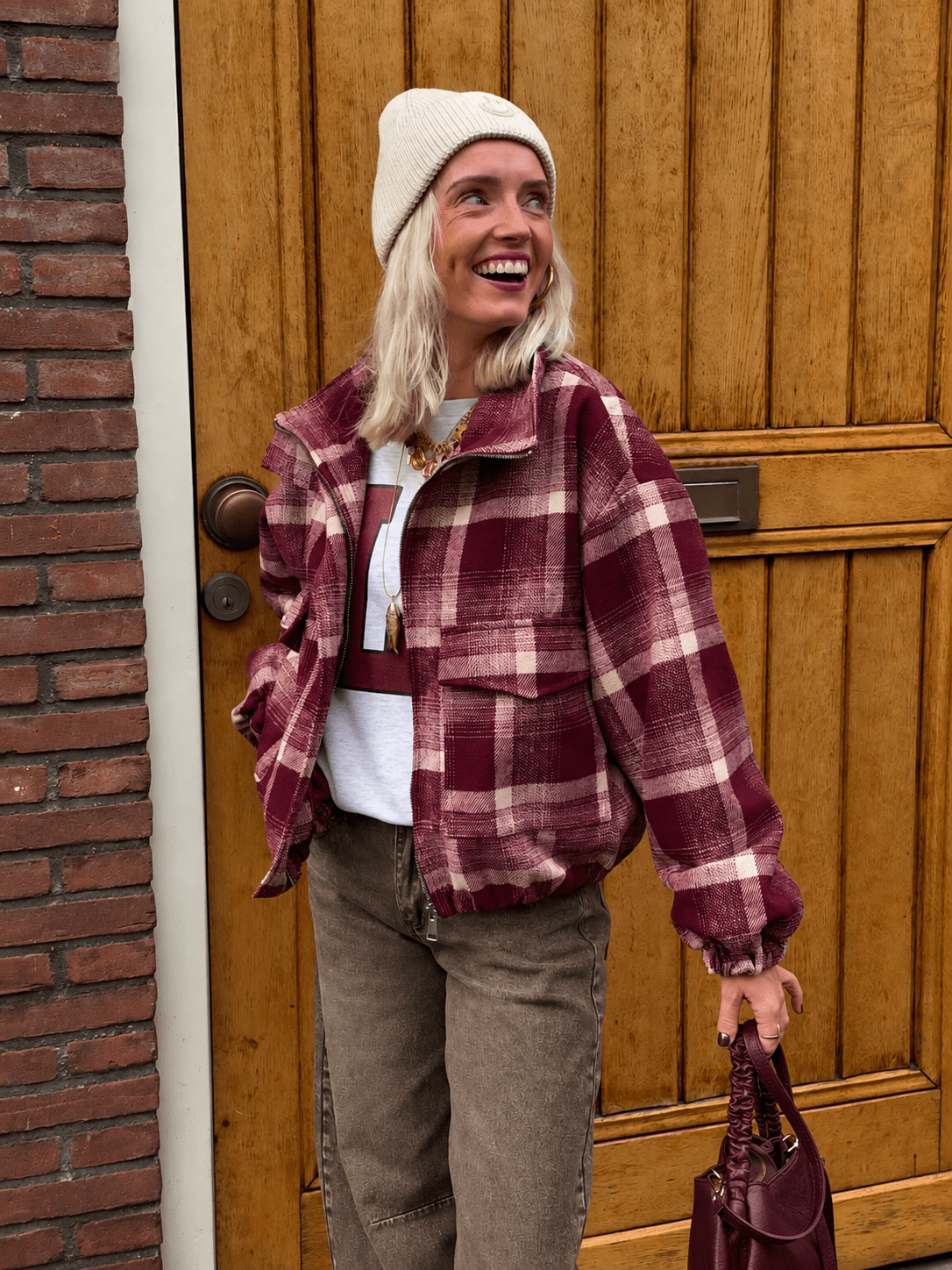 Lucy oversized geruit bomberjack bordeaux - Project 35