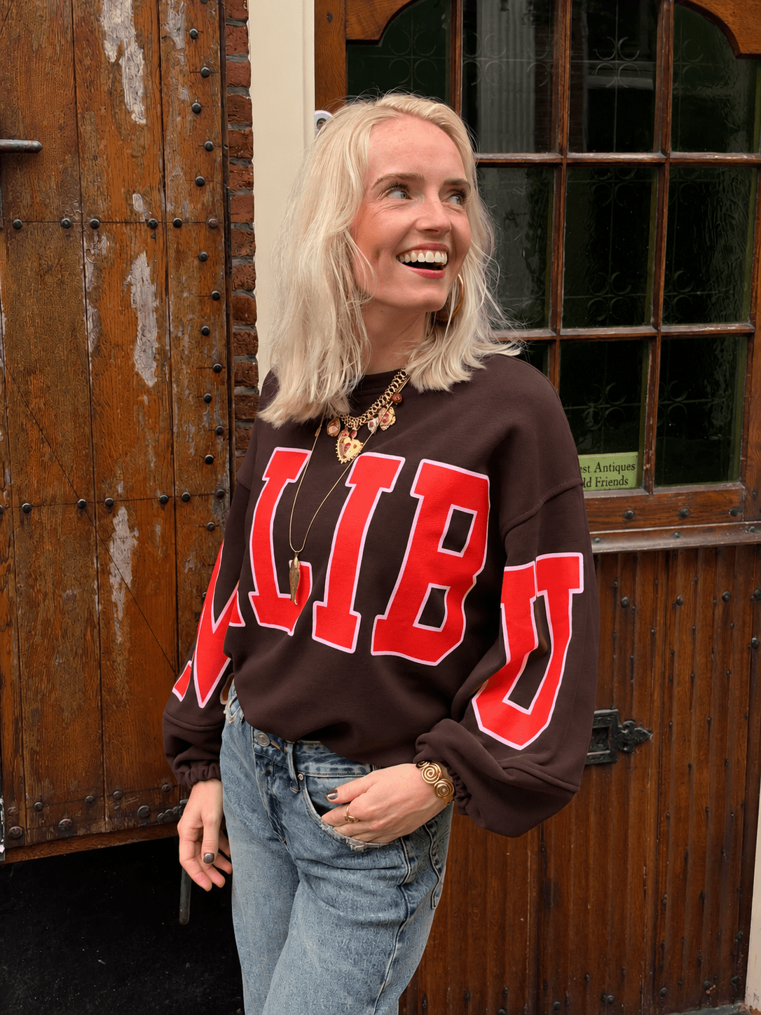 Malibu sweater pofmouw bruin/oranje - Project 35