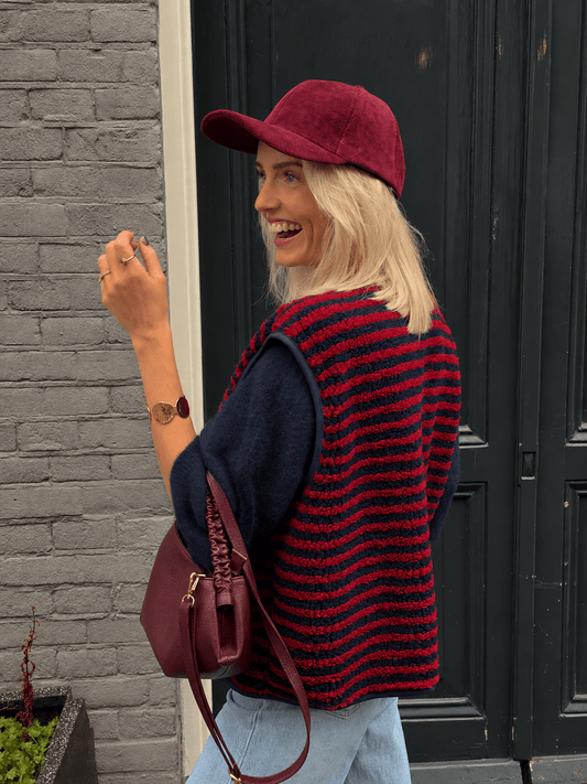 Maya teddy gilet gestreept navy/bordeaux - Project 35