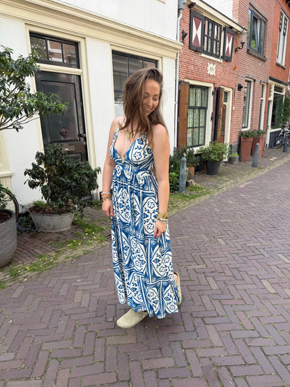 Meis lange jurk dunne bandjes blauw/wit - Project 35