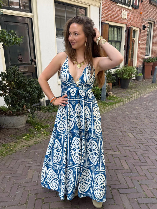 Meis lange jurk dunne bandjes blauw/wit - Project 35
