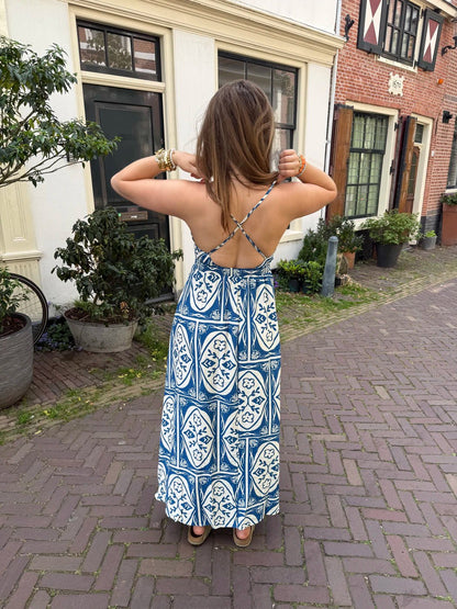 Meis lange jurk dunne bandjes blauw/wit - Project 35