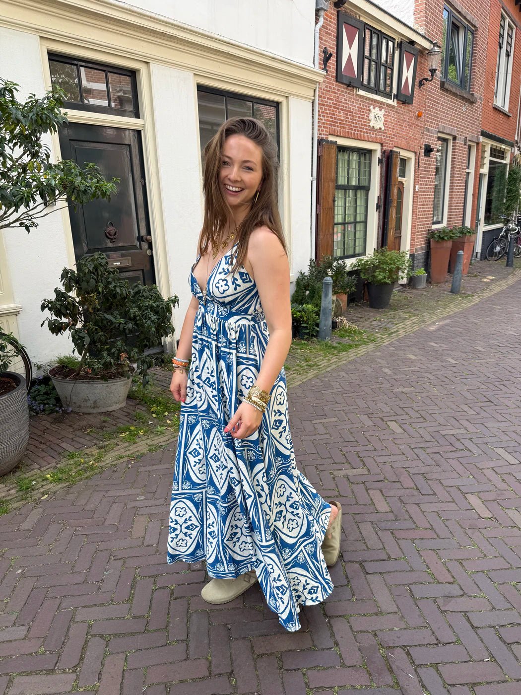 Meis lange jurk dunne bandjes blauw/wit - Project 35
