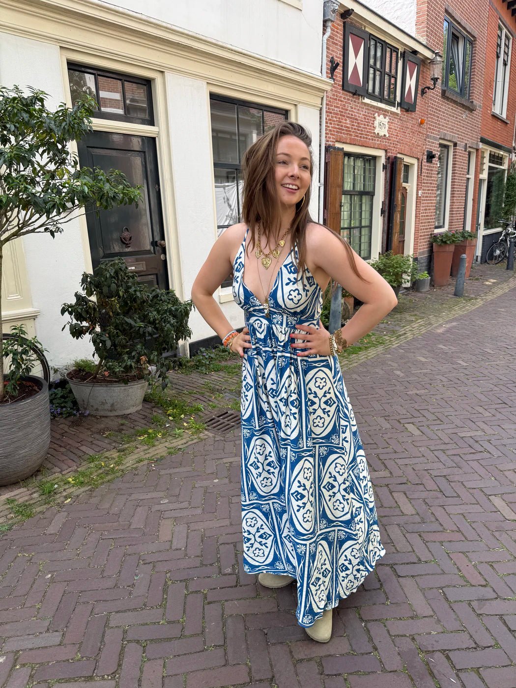 Meis lange jurk dunne bandjes blauw/wit - Project 35