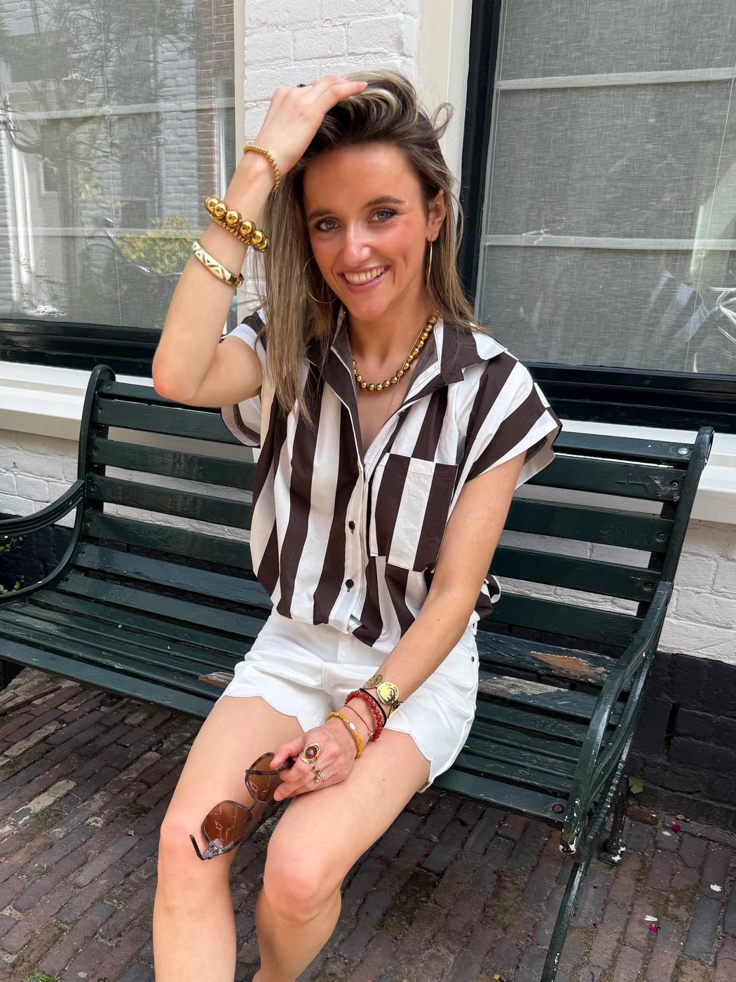 Mies blouse gestreept bruin/wit - Project 35