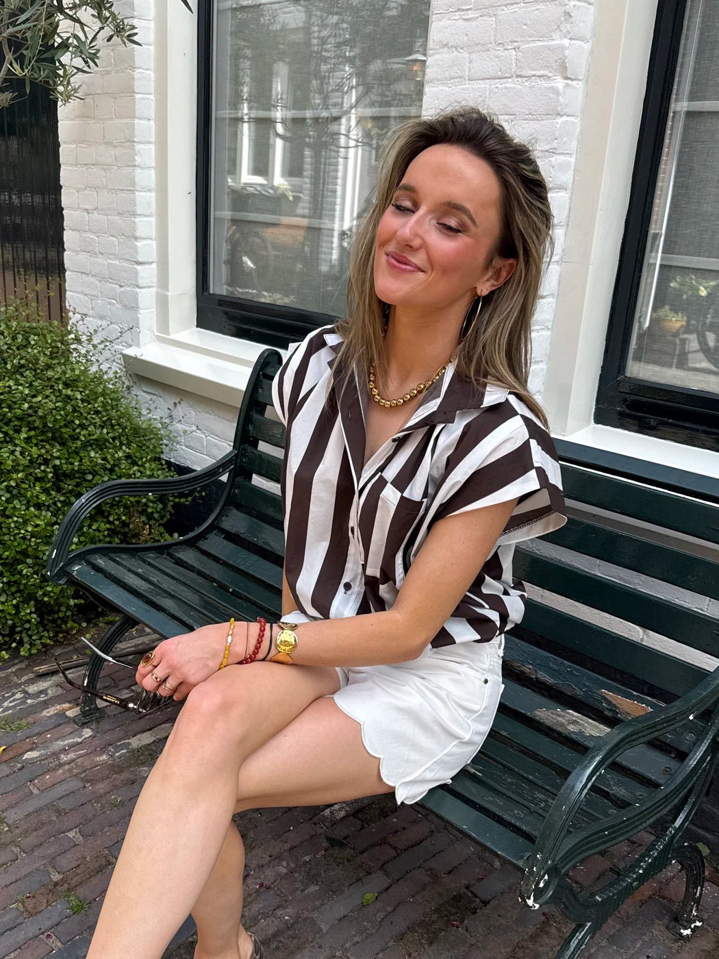 Mies blouse gestreept bruin/wit - Project 35