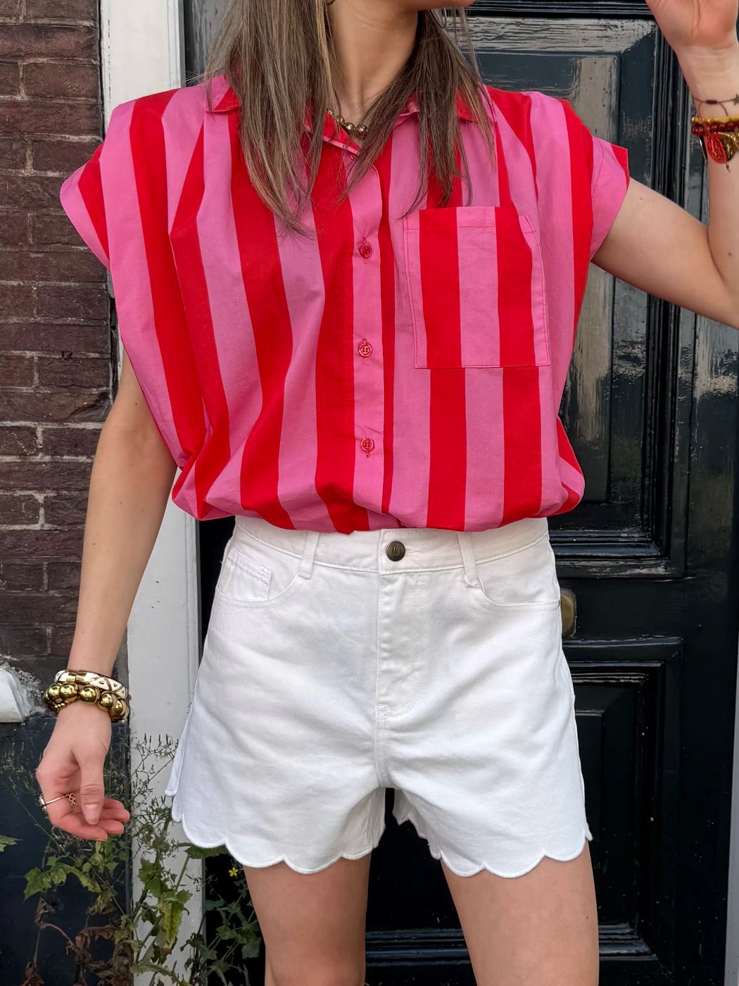 Mies blouse gestreept roze/rood - Project 35
