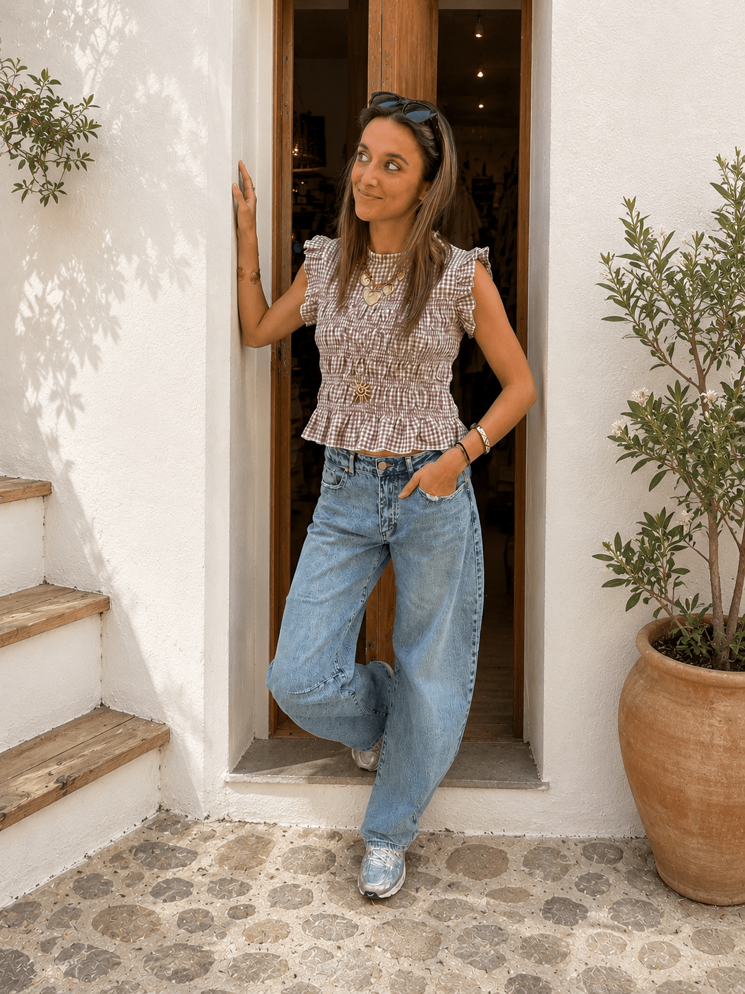 Mika geruite top mouwloos bruin/wit - Project 35