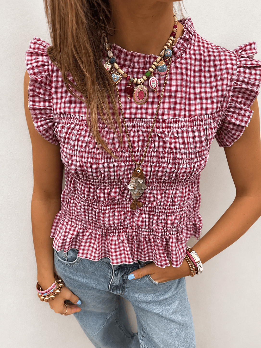 Mika geruite top mouwloos rood/wit - Project 35