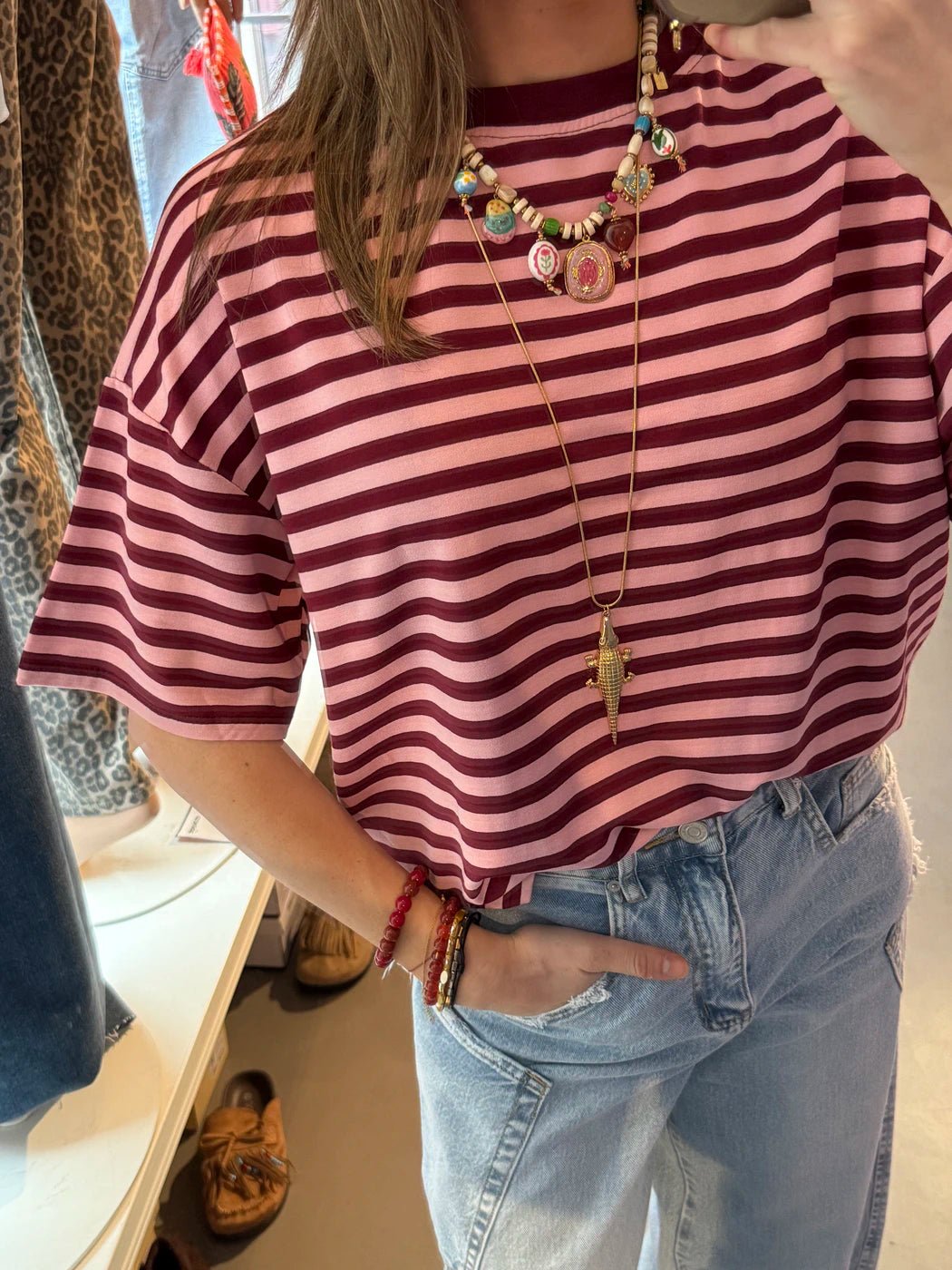 Miley shortsleeve pink/burgundy striped - Project 35