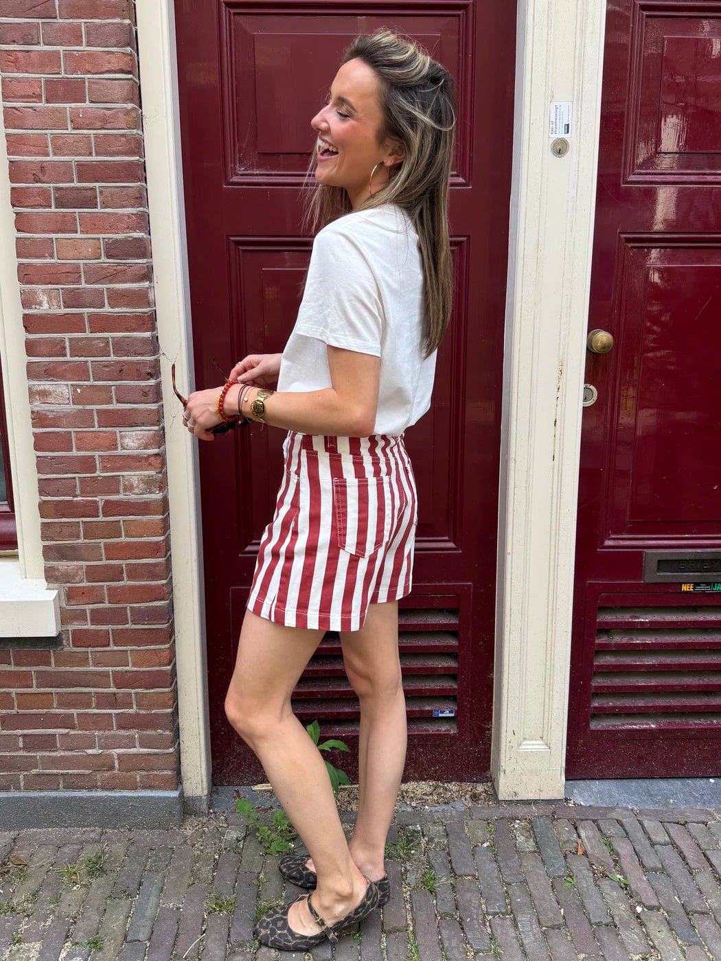 Milo denim shorts rood/wit gestreept - Project 35