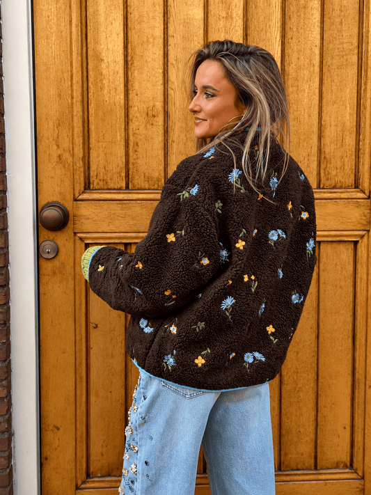Minte teddy jas bloemetjes bruin/blauw - Project 35