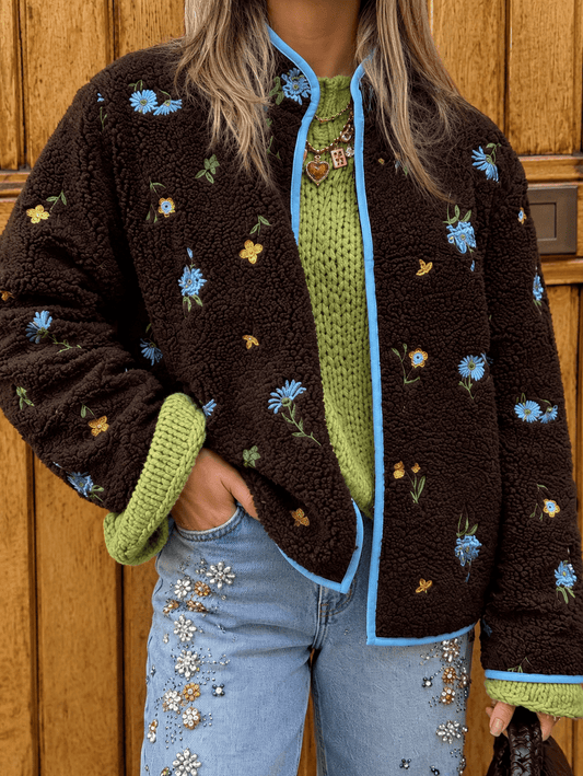 Minte teddy jas bloemetjes bruin/blauw - Project 35