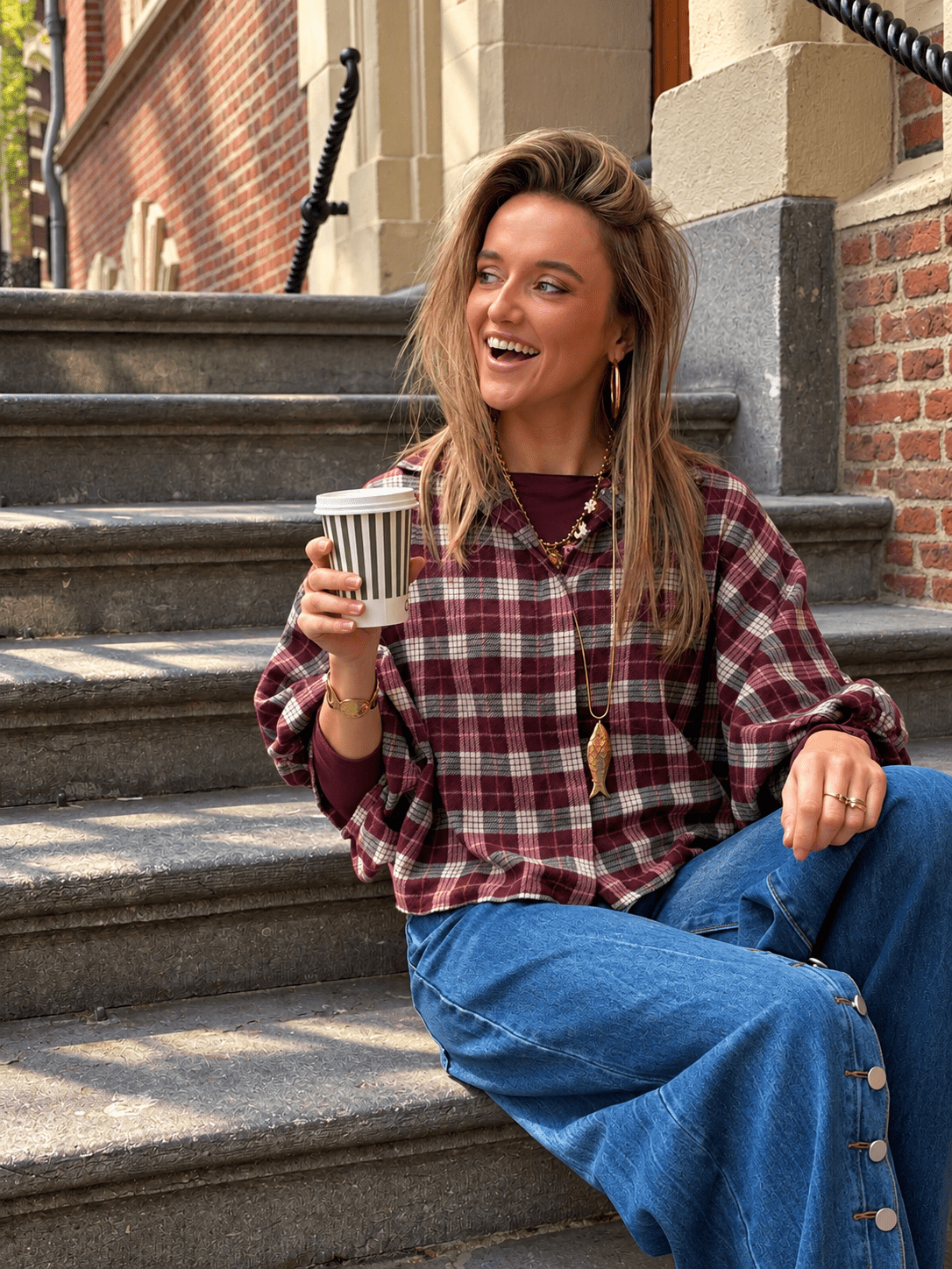Mira oversized blouse geruit bordeaux - Project 35