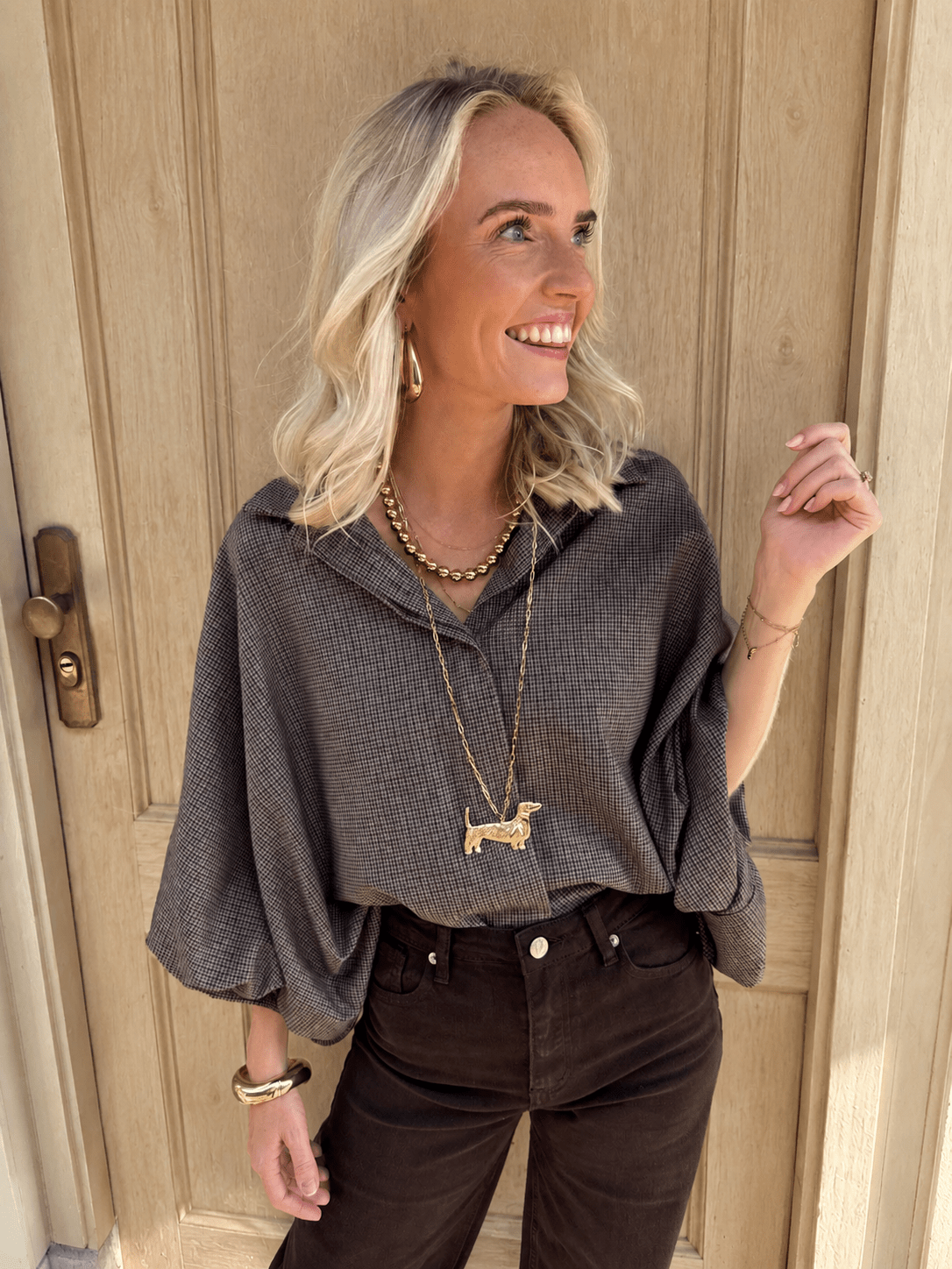 Mira oversized blouse geruit donkerbruin - Project 35