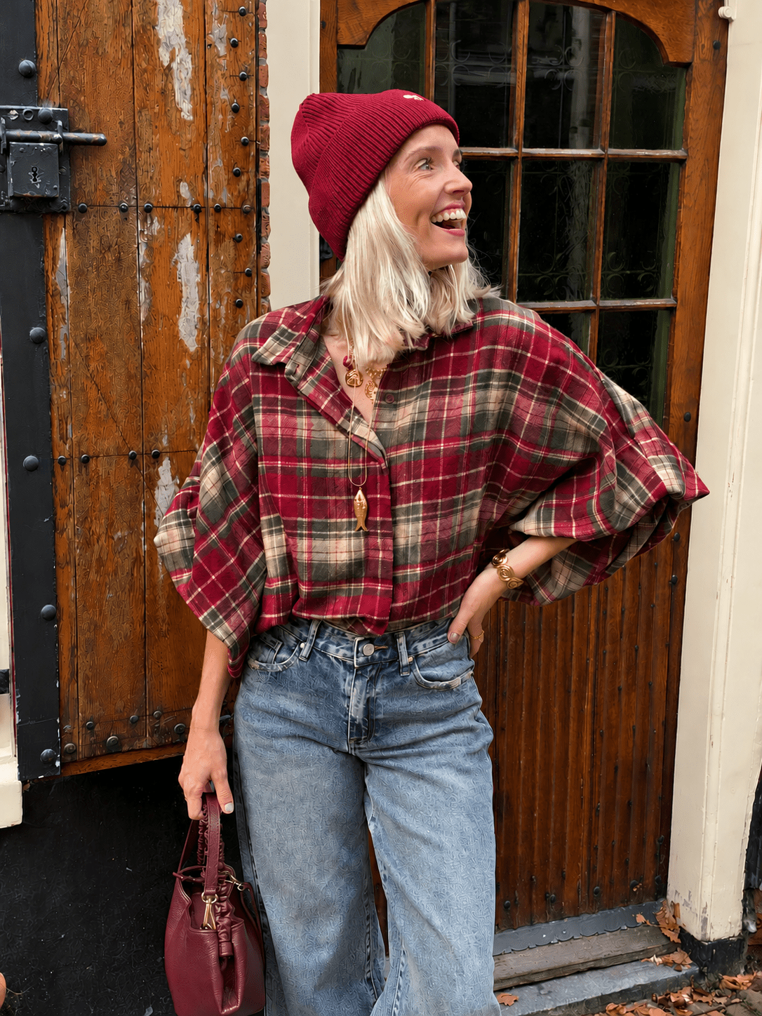 Mira oversized blouse geruit rood/groen - Project 35