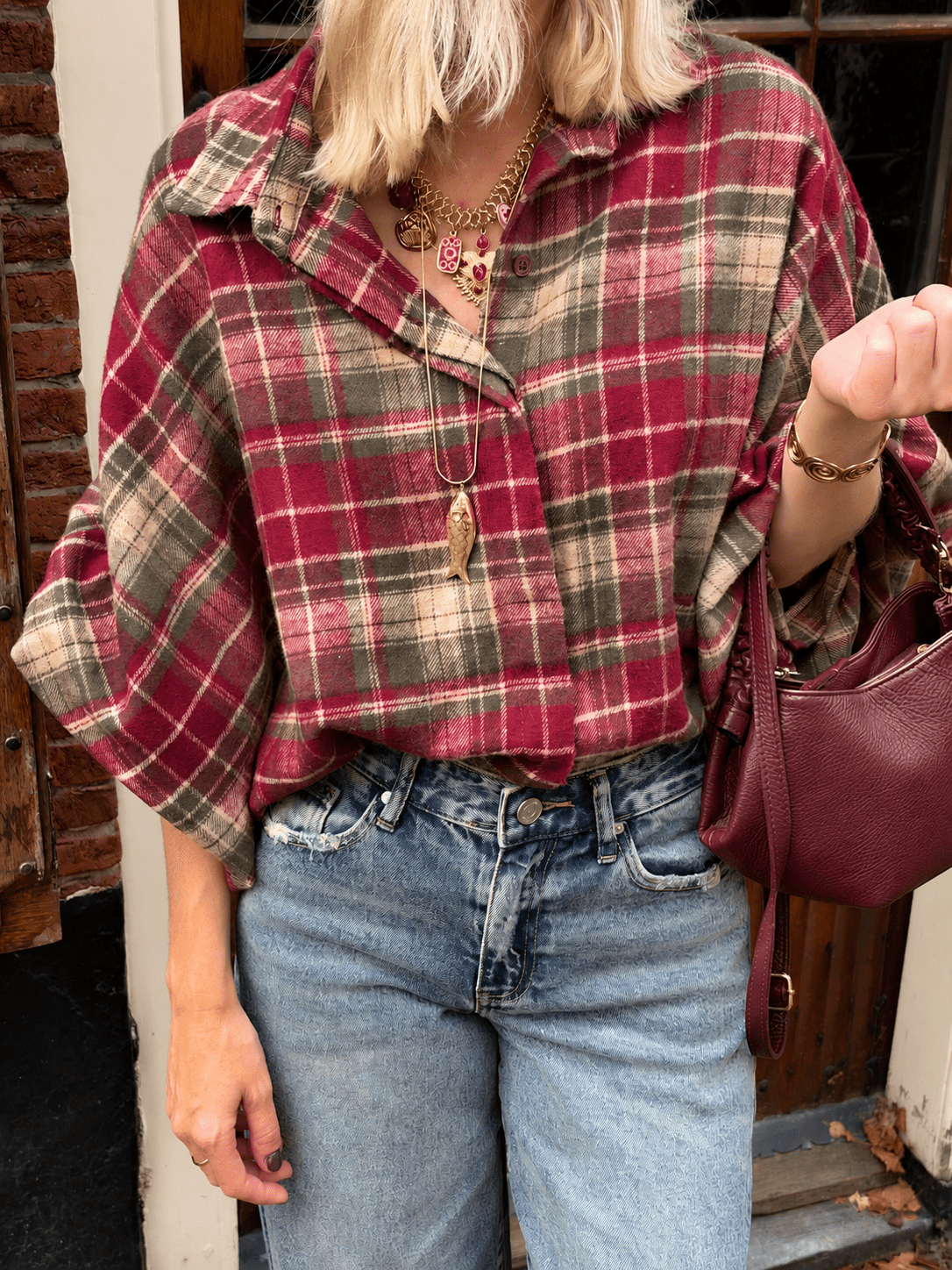 Mira oversized blouse geruit rood/groen - Project 35