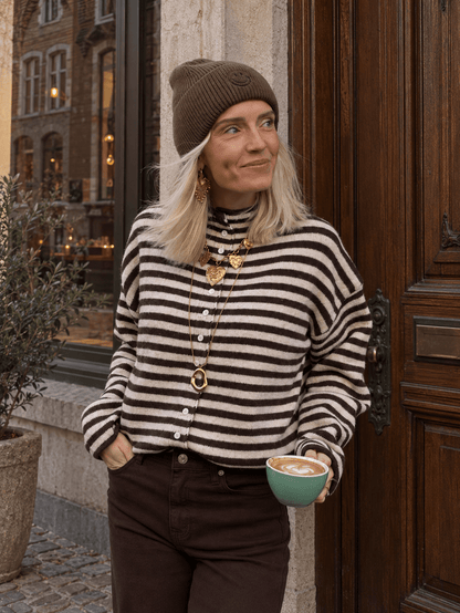 Noa vestje knoopjes bruin/lichtroze gestreept - Project 35