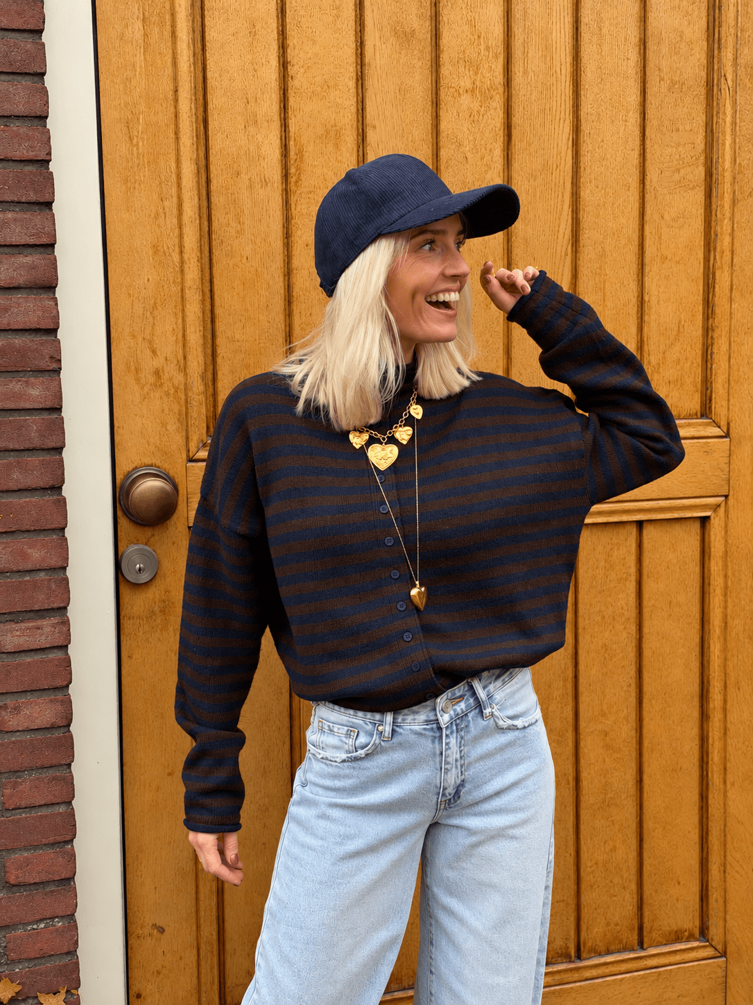 Noa vestje knoopjes navy/bruin gestreept - Project 35