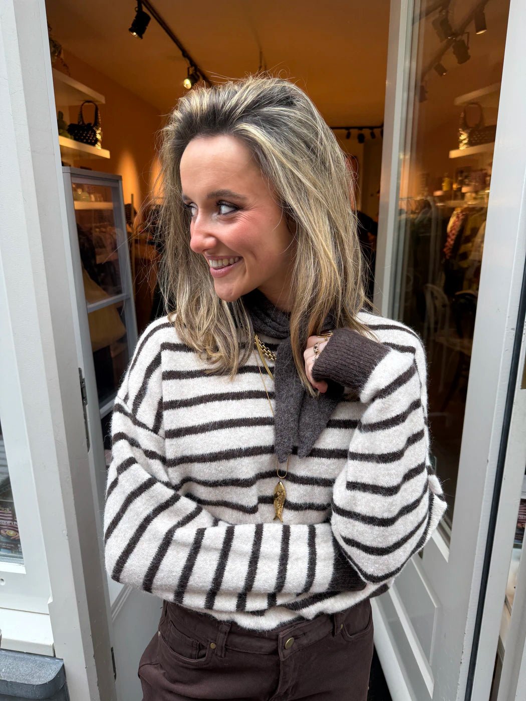 Nora trui beige/bruin gestreept - Project 35