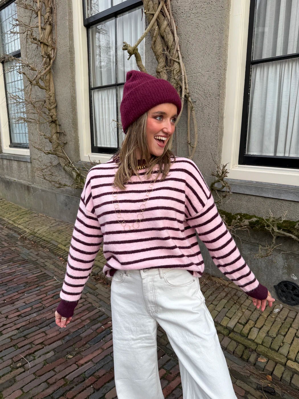 Nora trui bordeaux/roze gestreept - Project 35
