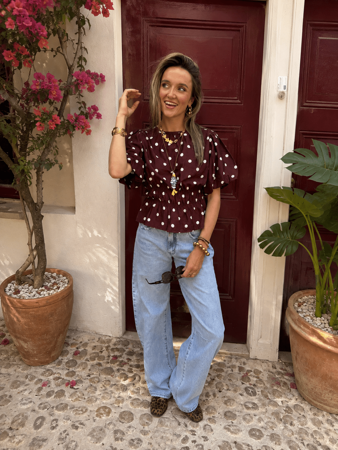 Novi polkadot top pofmouw bordeaux/wit - Project 35