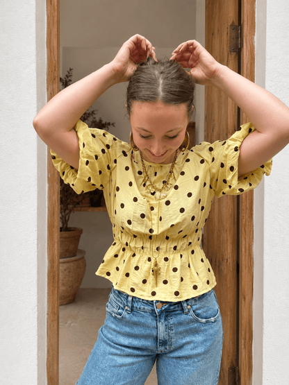 Novi polkadot top pofmouw geel/bruin - Project 35