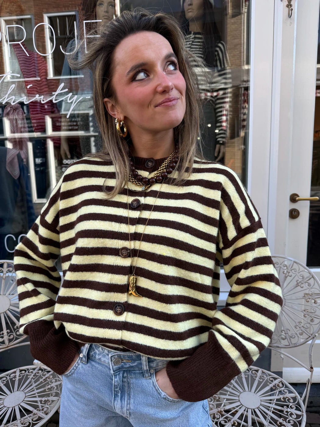 Pippa cardigan brown/yellow striped - Project 35