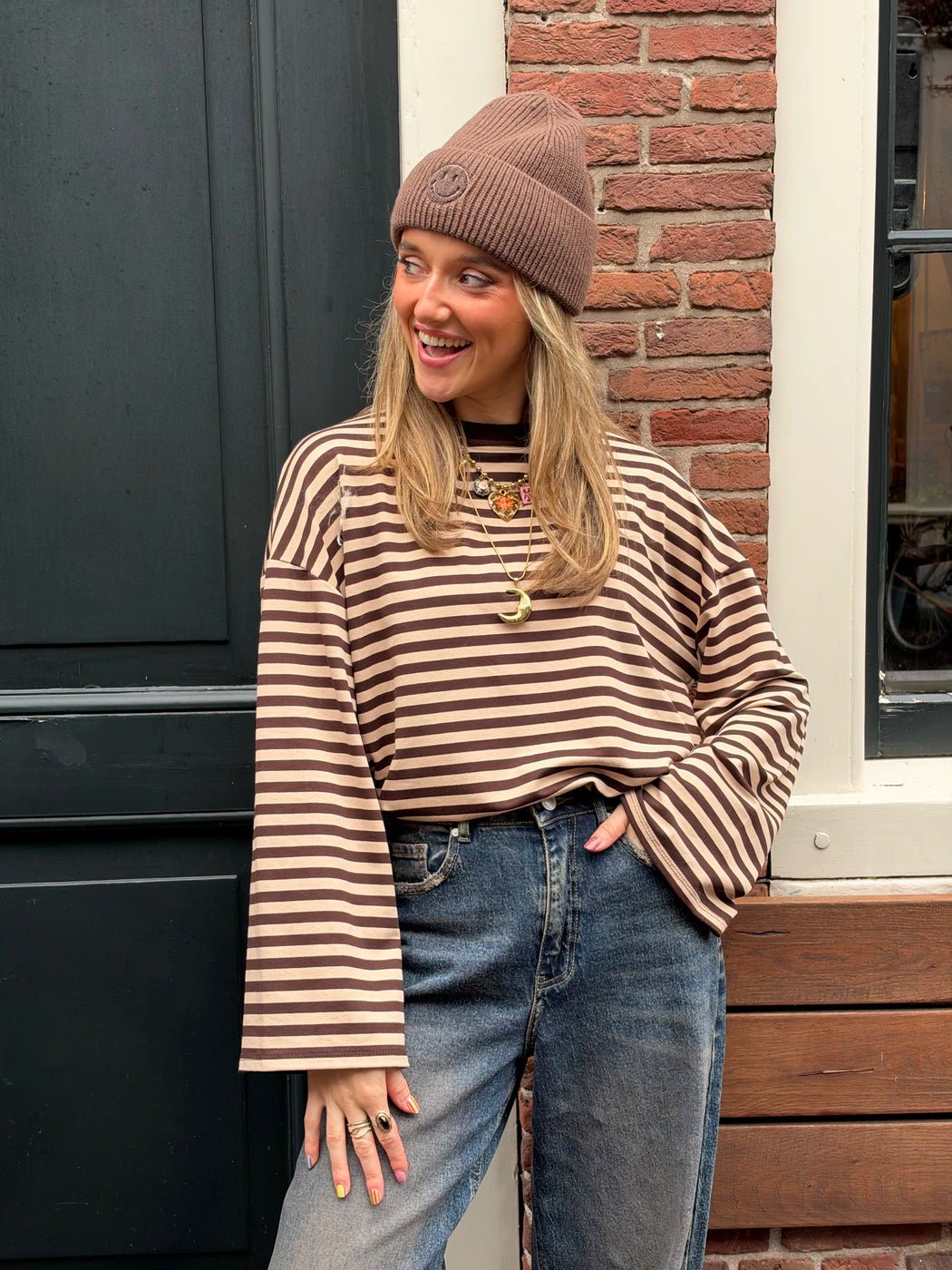 Pippi oversized longsleeve bruin/beige gestreept - Project 35