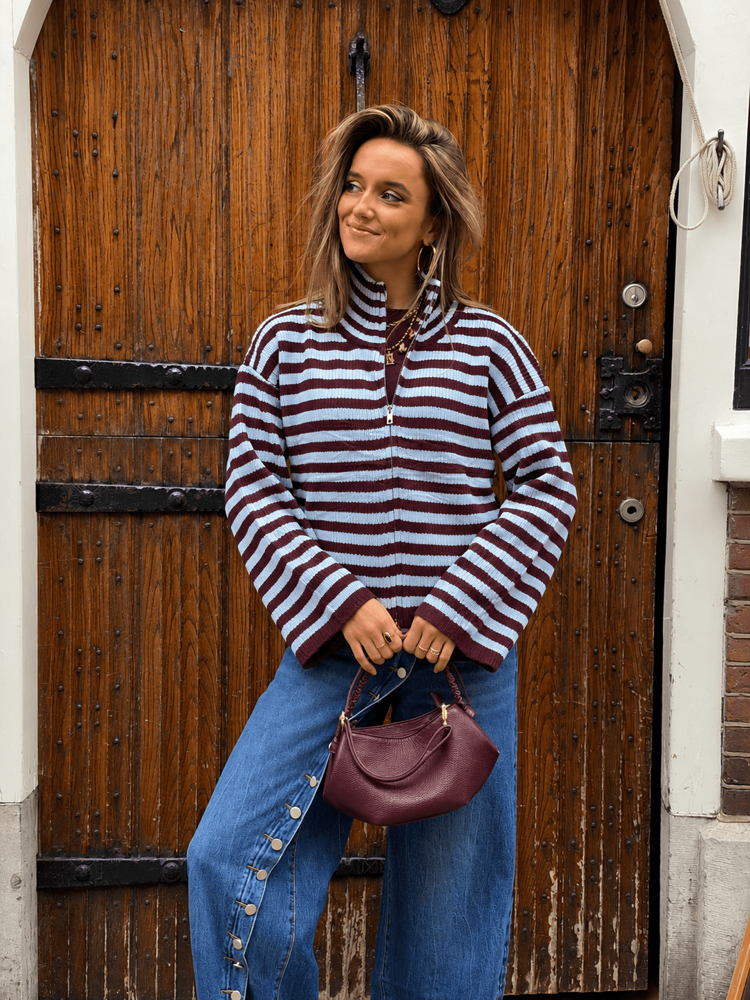 Pixie vest rits gestreept bordeaux/lichtblauw - Project 35