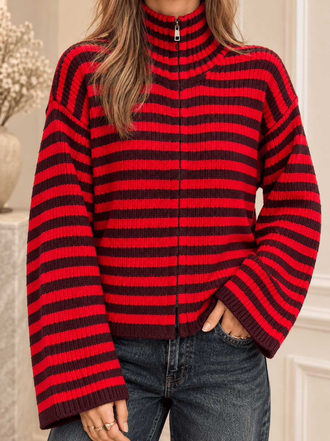 Pixie vest rits gestreept bordeaux/rood - Project 35