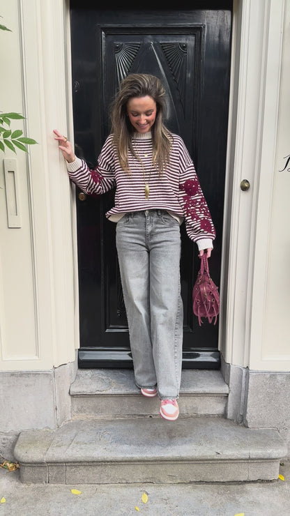 Isabella knit striped burgundy/white embroidered